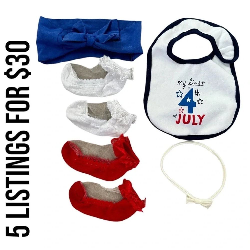 Baby girl first 4th of July accessory lot- bib, socks and headbands